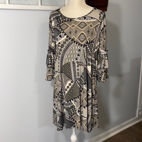 Espresso Multi Pattern Ruffle 3/4 Sleeve MIDI Dress M Modest - Picture 1 of 6